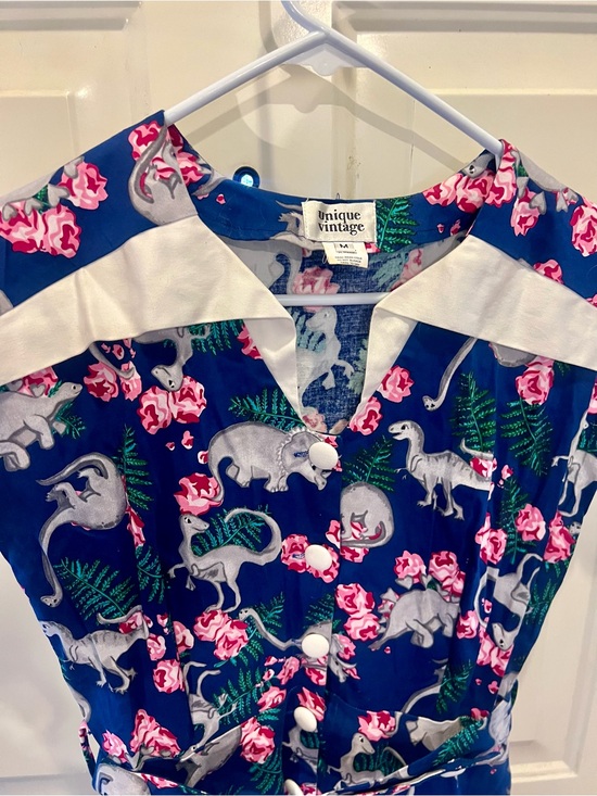 Unique Vintage Dresses & Skirts - Unique Vintage Navy Dress with Gray Dinosaur & Pink Floral Print